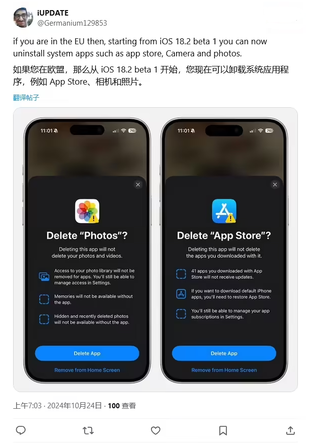 轵城镇苹果手机维修分享iOS 18.2 支持删除 App Store 应用商店 