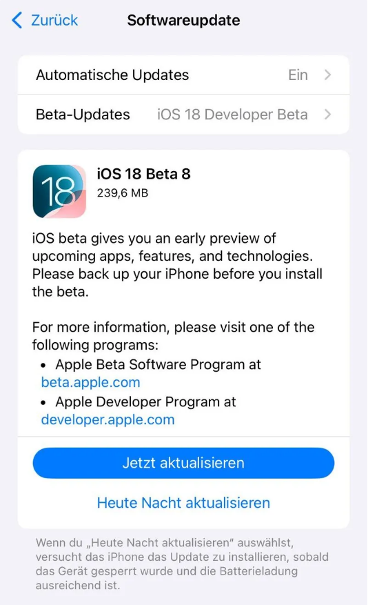 轵城镇苹果手机维修分享苹果 iOS / iPadOS 18 开发者预览版 Beta 8 发布 